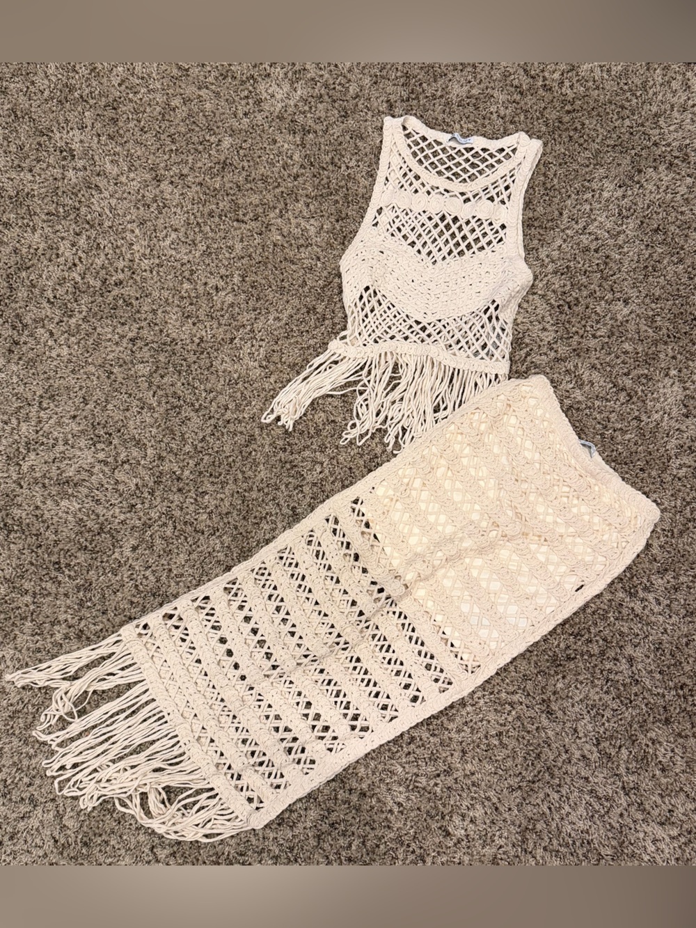 Zara Cream Crochet Fringe Maxi Skirt and Tank Set